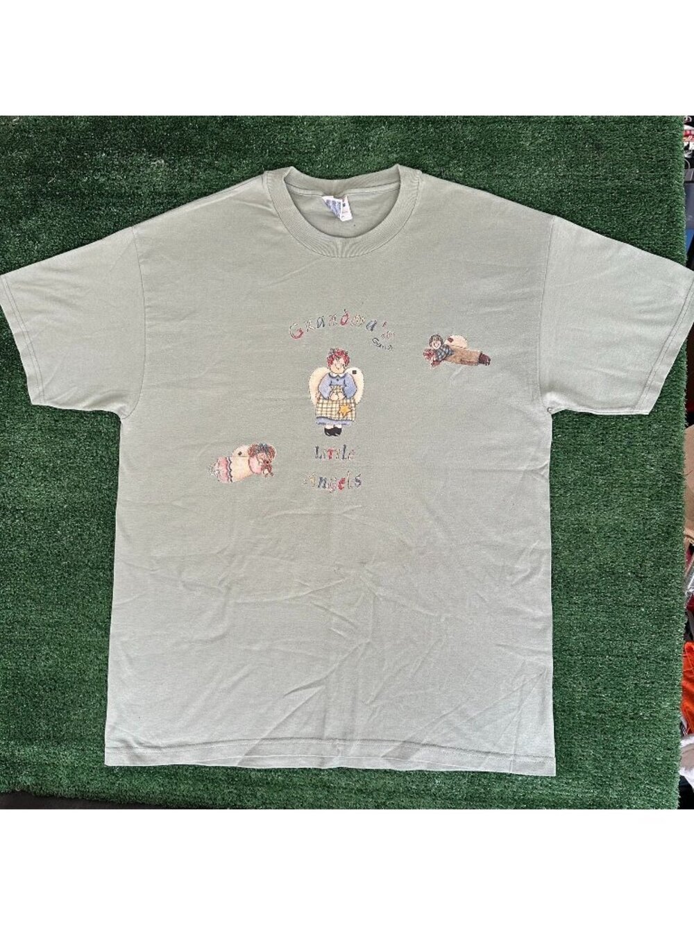 Vintage Grandmas Little Angels Doll T-Shirt Cottagecore Ugly Cute Sage Green L
